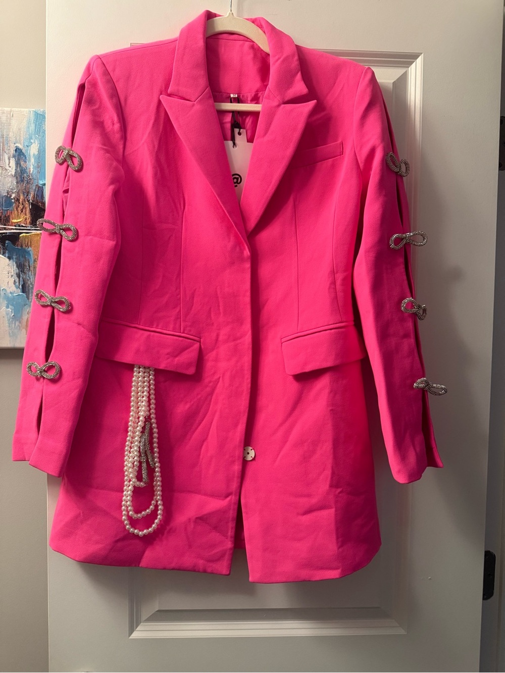 Women's Hot Pink Single-Button Blazer with Decorative Sleeve Bows